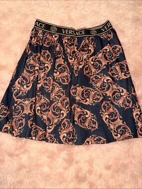 Versace Navy Skater Skirt with Gold Baroque Motif